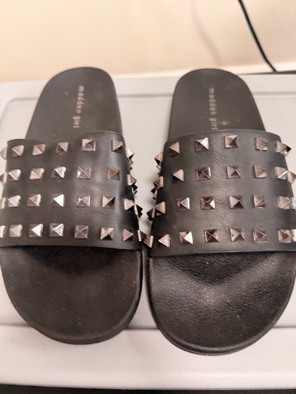 Madden Girl Black Slide Sandals with Silver Pyramid Studs